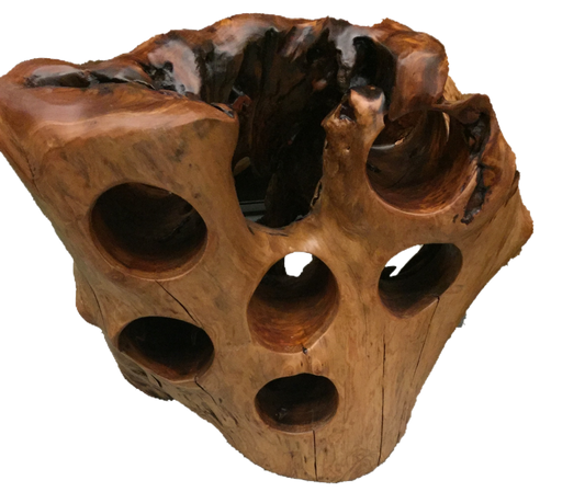 FUNCTIONAL ART is the best way to describe Greener Valley's stunning collection of stumps and roots that have been handcrafted into beautiful wine holders, cheese boards, platters, bowls and stools. Handcrafted from the roots and stumps of the Asian Cypress known as Shan Mu. These beautiful stools function equally well as a stool, end table or plant stand. Each piece is absolutely unique. This stool measures 24" high.