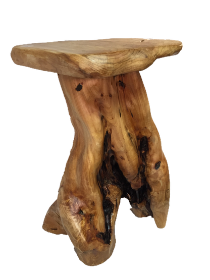 FUNCTIONAL ART is the best way to describe Greener Valley's stunning collection of stumps and roots that have been handcrafted into beautiful wine holders, cheese boards, platters, bowls and stools. Handcrafted from the roots and stumps of the Asian Cypress known as Shan Mu. These beautiful stools function equally well as a stool, end table or plant stand. Each piece is absolutely unique. This stool measures 24" high.