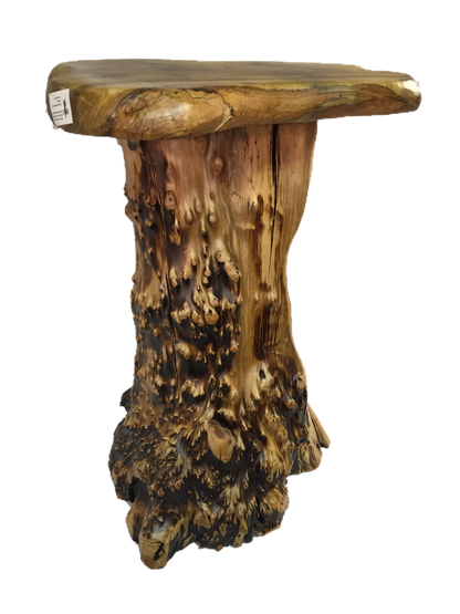 FUNCTIONAL ART is the best way to describe Greener Valley's stunning collection of stumps and roots that have been handcrafted into beautiful wine holders, cheese boards, platters, bowls and stools. Handcrafted from the roots and stumps of the Asian Cypress known as Shan Mu. These beautiful stools function equally well as a stool, end table or plant stand. Each piece is absolutely unique. This stool measures 24" high.