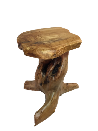 FUNCTIONAL ART is the best way to describe Greener Valley's stunning collection of stumps and roots that have been handcrafted into beautiful wine holders, cheese boards, platters, bowls and stools. Handcrafted from the roots and stumps of the Asian Cypress known as Shan Mu. These beautiful stools function equally well as a stool, end table or plant stand. Each piece is absolutely unique. This stool measures 24" high.