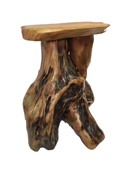 FUNCTIONAL ART is the best way to describe Greener Valley's stunning collection of stumps and roots that have been handcrafted into beautiful wine holders, cheese boards, platters, bowls and stools. Handcrafted from the roots and stumps of the Asian Cypress known as Shan Mu. These beautiful stools function equally well as a stool, end table or plant stand. Each piece is absolutely unique. This stool measures 24" high.