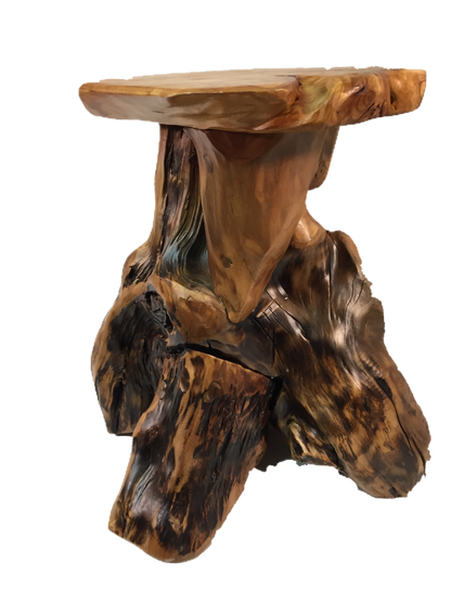 FUNCTIONAL ART is the best way to describe Greener Valley's stunning collection of stumps and roots that have been handcrafted into beautiful wine holders, cheese boards, platters, bowls and stools. Handcrafted from the roots and stumps of the Asian Cypress known as Shan Mu. These beautiful stools function equally well as a stool, end table or plant stand. Each piece is absolutely unique. This stool measures 24" high.