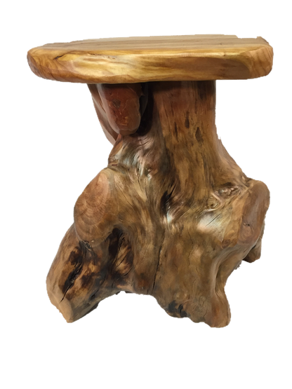 FUNCTIONAL ART is the best way to describe Greener Valley's stunning collection of stumps and roots that have been handcrafted into beautiful wine holders, cheese boards, platters, bowls and stools. Handcrafted from the roots and stumps of the Asian Cypress known as Shan Mu. These beautiful stools function equally well as a stool, end table or plant stand. Each piece is absolutely unique. This stool measures 24" high.