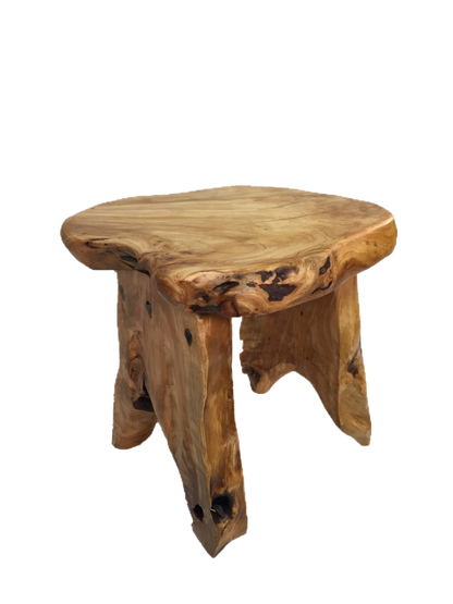 FUNCTIONAL ART is the best way to describe Greener Valley's stunning collection of stumps and roots that have been handcrafted into beautiful wine holders, cheese boards, platters, bowls and stools. Handcrafted from the roots and stumps of the Asian Cypress known as Shan Mu. These beautiful stools function equally well as a stool, end table or plant stand. Each piece is absolutely unique. This stool measures 24" high.